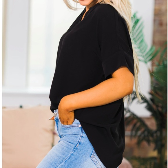 NWT Black Cuffed Sleeve Small Slit V-Neck Blouse Top Shirt - Picture 2 of 2